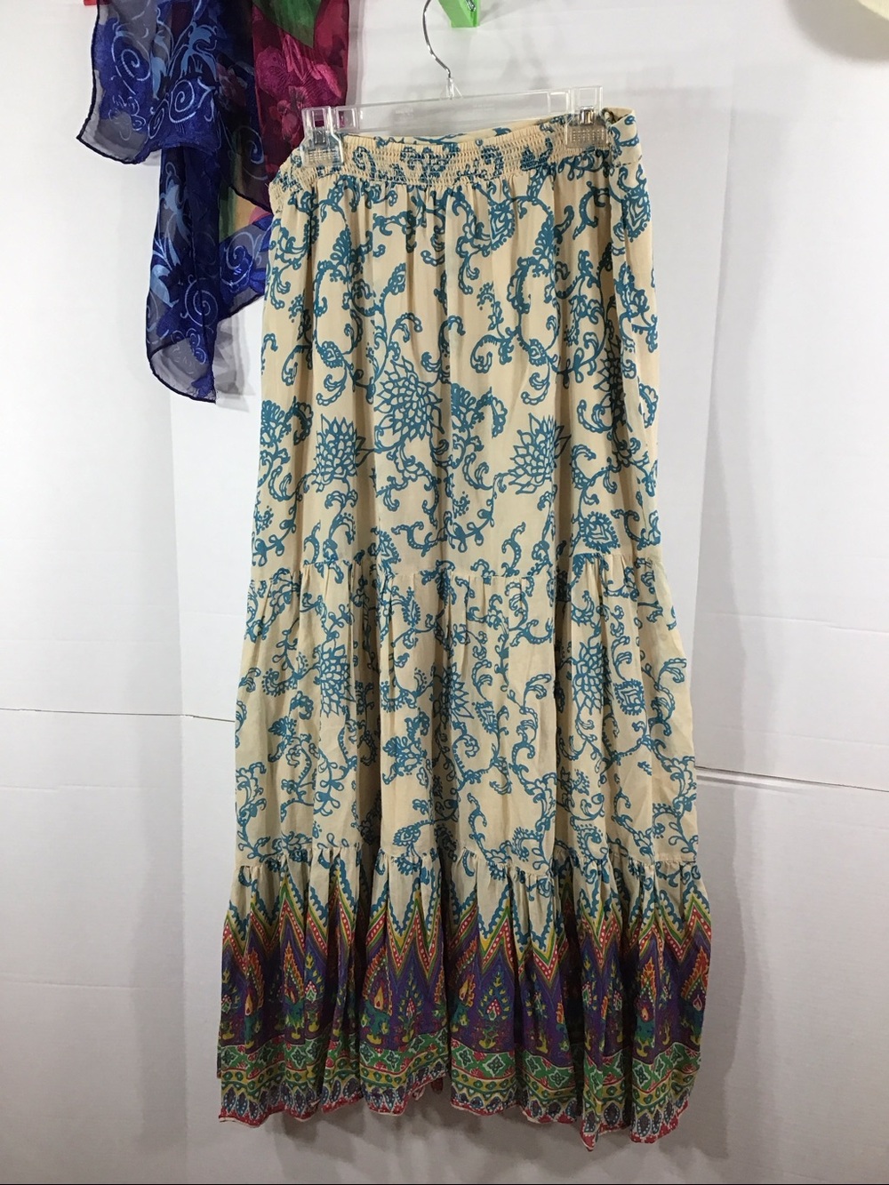 Free People Canyon Rose Cream Tiered Boho Flared Skirt with Teal Accents M - Picture 5 of 10